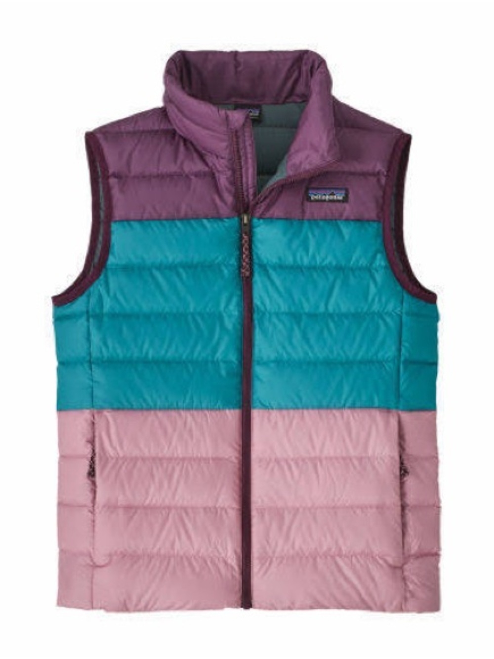 Patagonia Colorblock Down Vest in Teal, Mauve & Plum